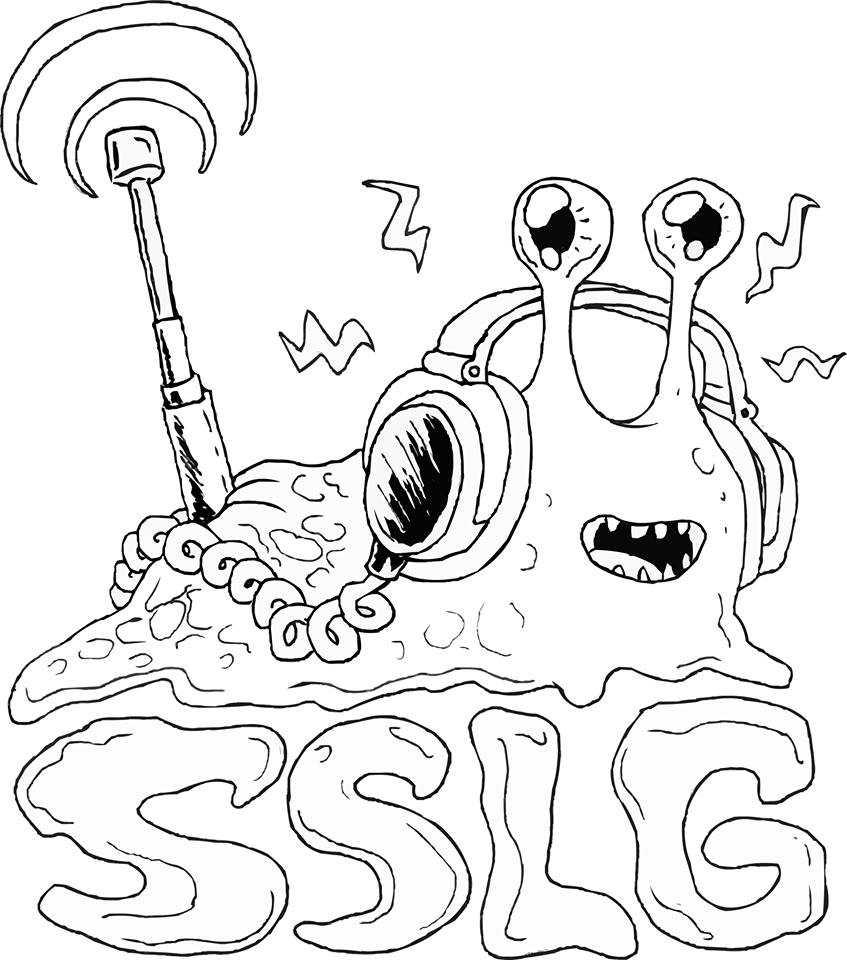 A drawing of a happy cartoon slug listening to headphones